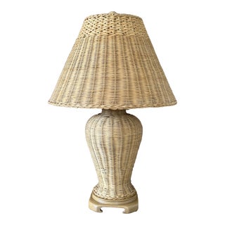 Vintage Coastal Wicker Ginger Jar Ming Wood Base Table Lamp For Sale