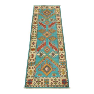 Kazak Runner 2’2” X 6′ Blue Wool Tribal Hand-Knotted Oriental Rug For Sale