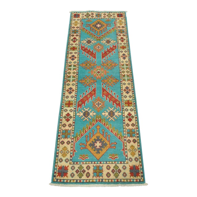 Kazak Runner 2’2” X 6′ Blue Wool Tribal Hand-Knotted Oriental Rug For Sale