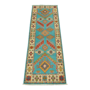 Kazak Runner 2’2” X 6′ Blue Wool Tribal Hand-Knotted Oriental Rug