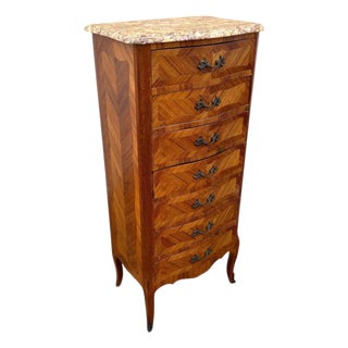 1940s French Marquetry And Marble Top Tall Chest Of Seven Drawers For Sale
