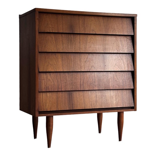 Vintage Mid Century Walnut Five-Drawer Dresser For Sale