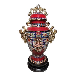 Monumental Chinese Cloisonné Peace Vase | Master-Designed Gilt Dragon Handles With Box For Sale