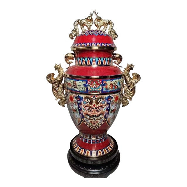 Monumental Chinese Cloisonné Peace Vase | Master-Designed Gilt Dragon Handles With Box For Sale