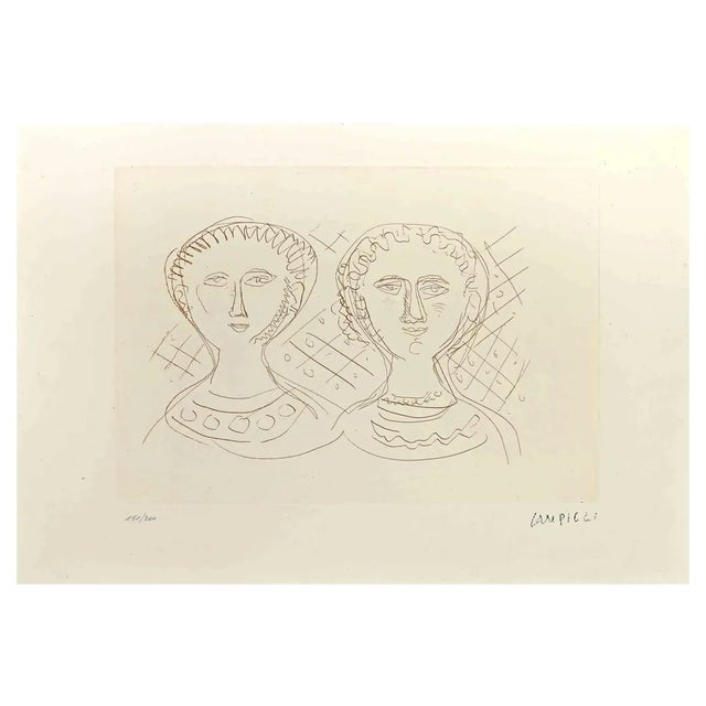 Massimo Campigli, Two Faces of Women, Etching, 1965 For Sale