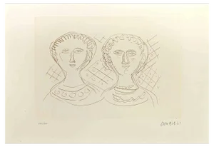 Massimo Campigli, Two Faces of Women, Etching, 1965