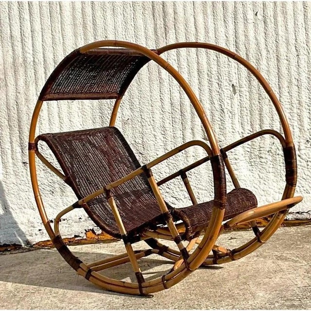 Italian Late 20th Century Vintage Coastal Italian Wrapped Rattan After Franco Bettonica “Donaoldo”:Rocking Chair For Sale - Image 3 of 9
