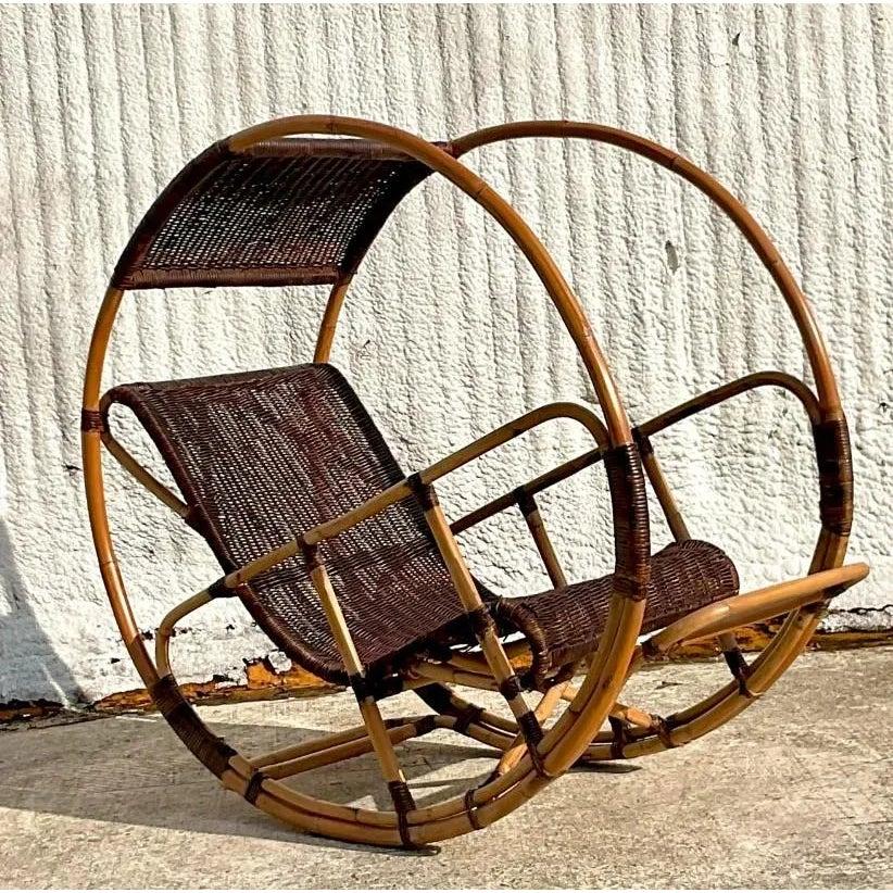 Late 20th Century Vintage Coastal Italian Wrapped Rattan After Franco Bettonica “Donaoldo”:Rocking Chair - Side view