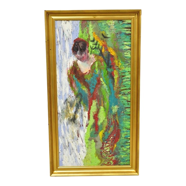 Large Impressionist Style Young Woman in Field Oil on Wood Board Framed Painting For Sale