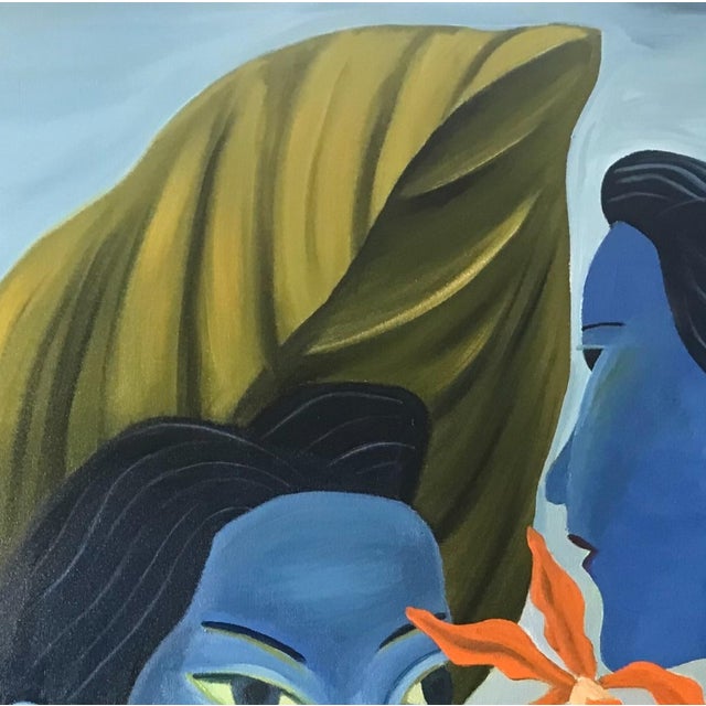 Marc Zimmerman "Jungle Blues" Oil Painting, Blue Figurative Portraits in Tropical Setting, Hibiscus Blooms, Gold Foliage, Contemporary Art West Coast For Sale - Image 4 of 9