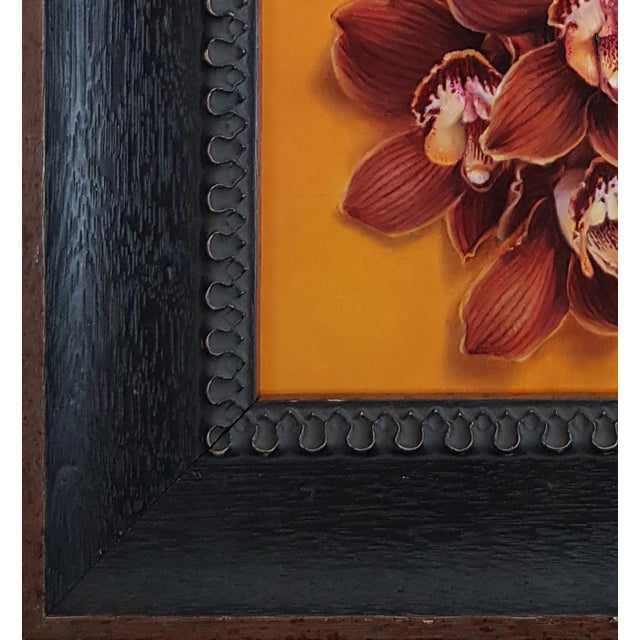 Contemporary Cymbidium Orchids by Narelle Zeller | Oil on Aluminum Composite Panel, Red Orchids on Orange Background For Sale - Image 3 of 8
