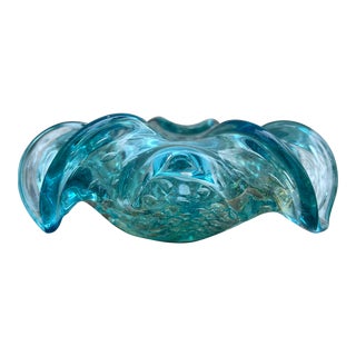 1960s Barovier Toso Murano Attributed Glass Bowl Turquoise Blue Bullicante Gold Silver Flecks For Sale