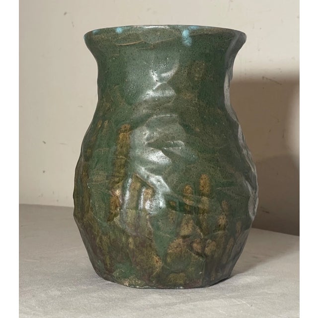 1980s Unique Vintage Handmade Signed 74 Green Glazed Wrinkle Crinkled Art Pottery Vase For Sale - Image 5 of 13