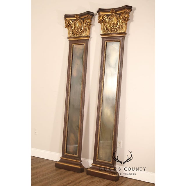 High Quality Pair Of Distressed Finish Decorative Wall Columns Featuring Tall Mirrored Panels Set Within Wood Frames And...