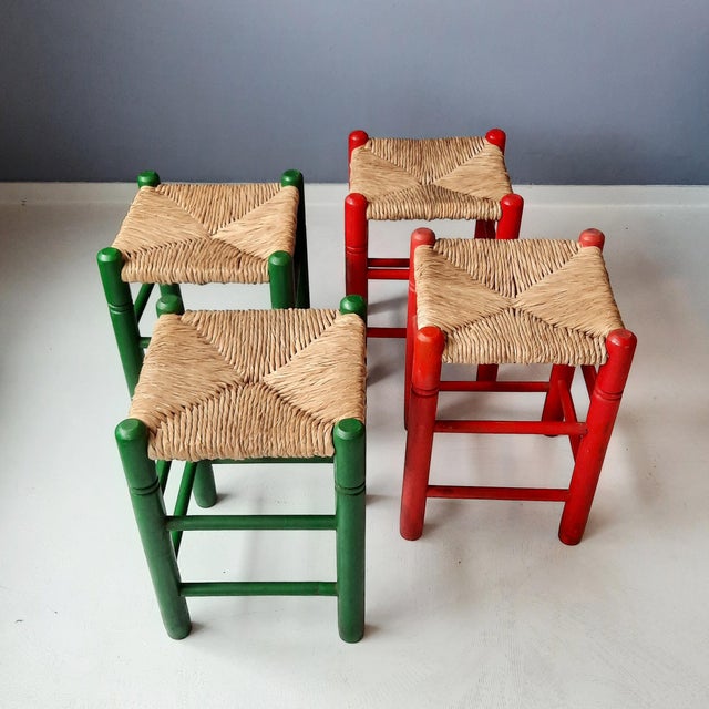 Green and Red Rush Stools, 1970s, Set of 4 For Sale - Image 4 of 8
