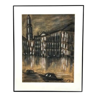 Mid Century 1958 Painting - Boat in the City, Signed - Venice Italy For Sale