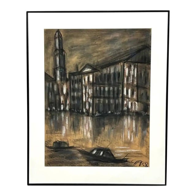 Mid Century 1958 Painting - Boat in the City, Signed - Venice Italy For Sale