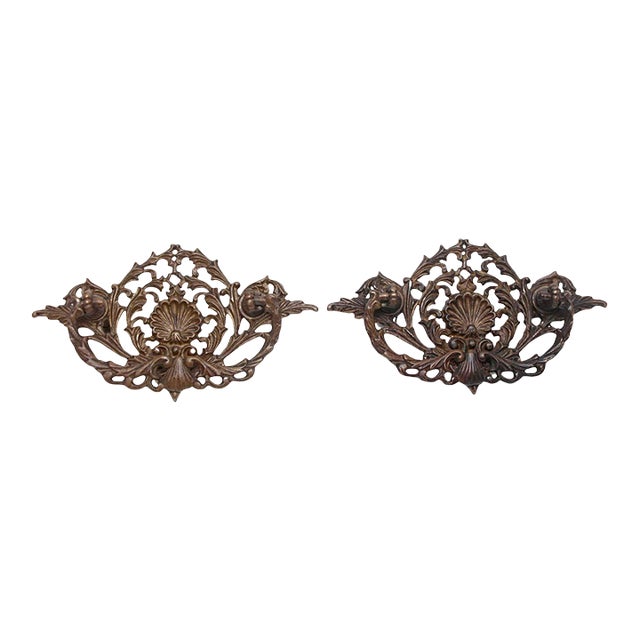 Pair of Vintage 5.5 In. Victorian Shell Bronze Drawer Bail Pulls For Sale