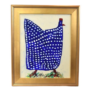 Original Blue Folk Art Chicken Hen Painting by Ruth Arenz Including the Antiqued Gold Wood Fame For Sale