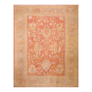 1880s Red Rust Large Scale Tribal Antique Turkish Oushak Rug 12'0" X 15'6" Handknotted Wool Carpet For Sale