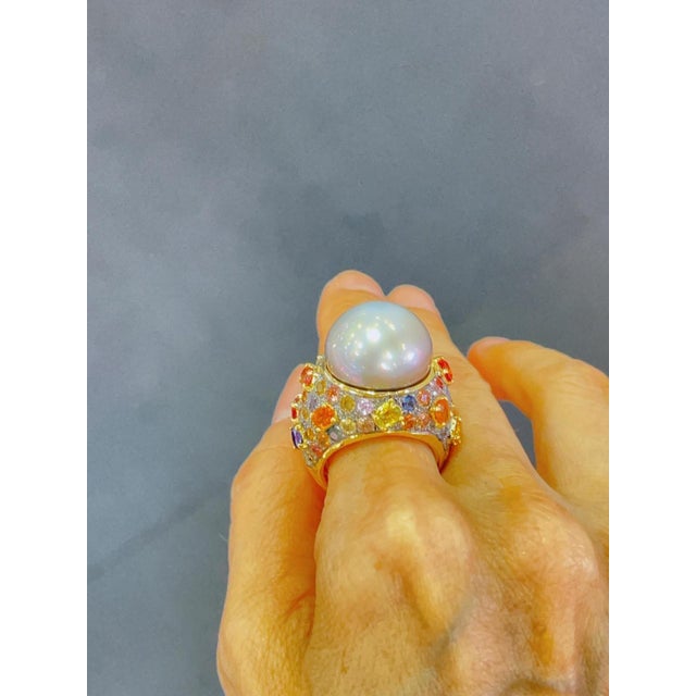 Bochic “Capri” Multi Sapphire & Tahiti Pearl Ring Set In 18K Gold & Silver For Sale - Image 10 of 12