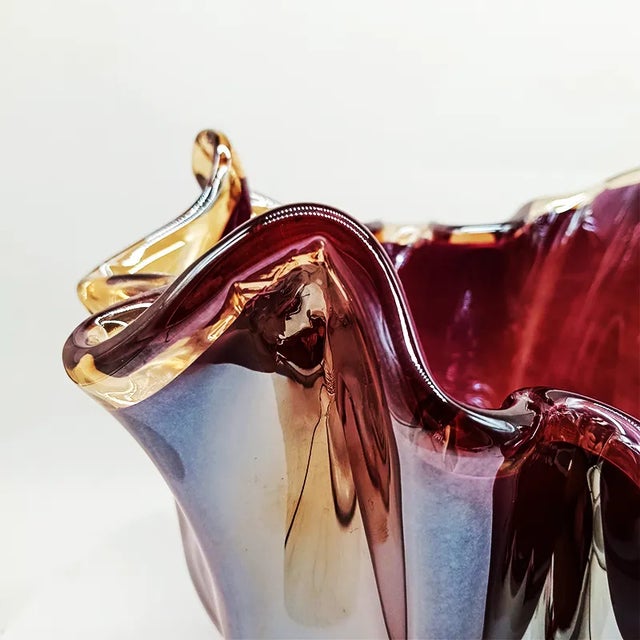 Large Glossy Purple Jacketed Fazzoletto Vase in Hand Worked Murano Glass For Sale - Image 5 of 8