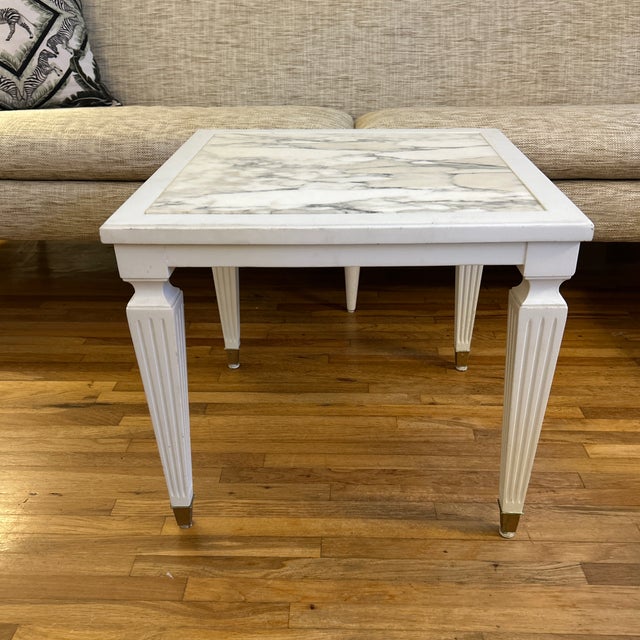 Modern Glam Hollywood Regency - Style Painted White End Table With White Marble Top & Fluted Legs For Sale - Image 3 of 12