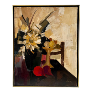 Unknown, French Mid Century Modernist Oil Painting Still Life Fruit & Flowers Mod Impasto