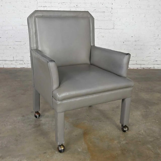 Modern Gray Faux Leather Modified Parsons Style Armed Accent Chair on Casters For Sale - Image 13 of 17