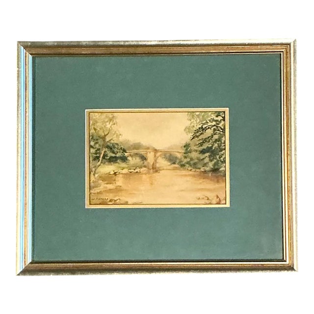 Vintage Bridge Landscape Art in Frame For Sale