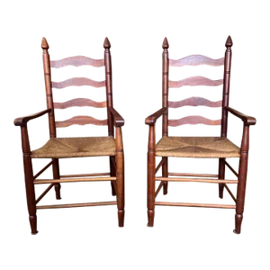 Mid 20th Century Pair of Vintage Primitive Country High Ladder Back Rush Seat Dining Armchairs