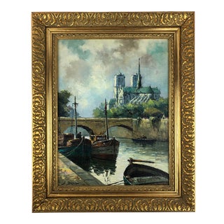Oil on Canvas Painting Notre Dame Cathedral and the Seine Paris Signed A. Bern For Sale