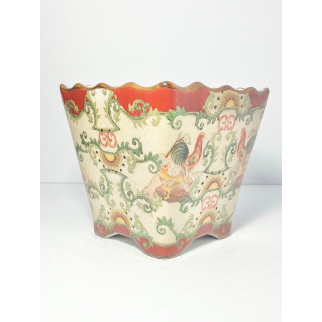 1980s Vintage Ceramic French-Style Chinoiserie “Rooster” Jardinière Cachepot Planter For Sale - Image 5 of 8