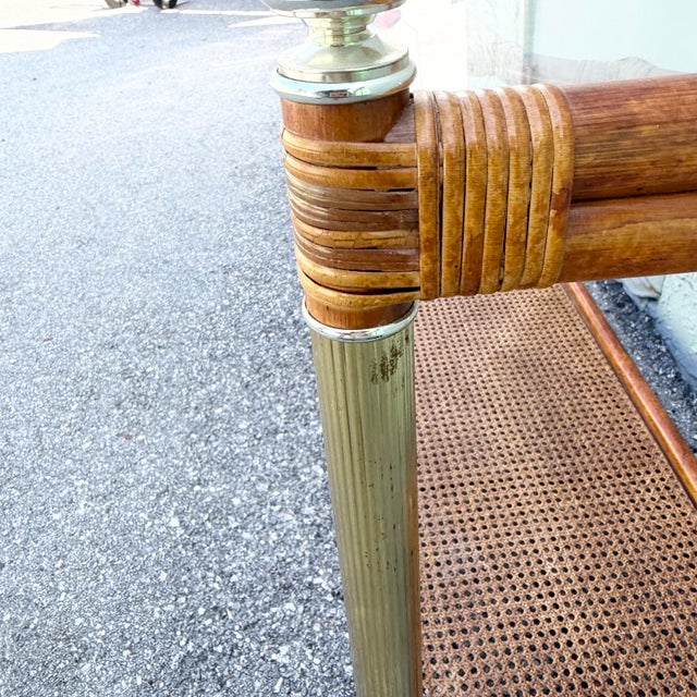 Wood Palm Beach Chic Rattan Cane and Gold Console Table For Sale - Image 7 of 9