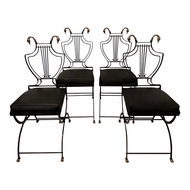 Maison Jansen Black Iron and Brass Swan & Lyre Motif Dining Chairs -Set of 4 For Sale