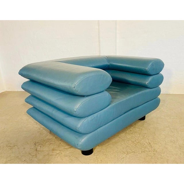 Vintage Postmodern Swedish Turquoise Leather Stacked Lounge Chair, 1980 For Sale - Image 17 of 18