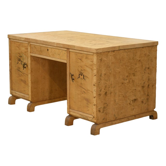English Desk in Birch Burl with Bee Motif Marquetry, 1950s For Sale