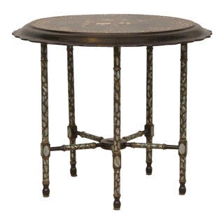 Antique Anglo Indian Carved Wood Table Inlaid With Mother of Pearl, Early 20thC For Sale