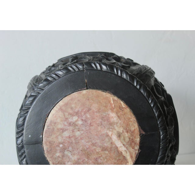 Asian Carved Rosewood Style Wood Stool Plant Stand With Inset Marble Top Vintage Mid-Century For Sale - Image 15 of 17