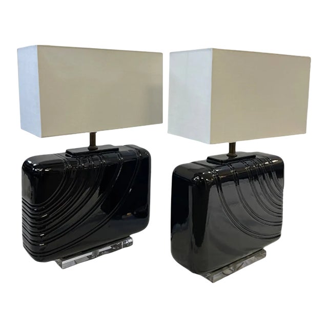 Vintage 1980s Black Ceramic Lamps- a Pair For Sale