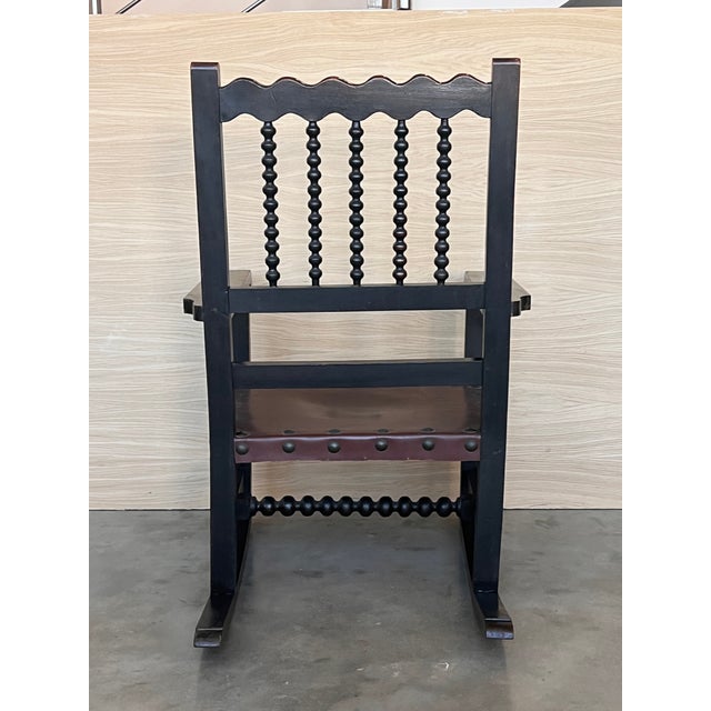 19th Century Spanish Pair of Rocking Carved Armchairs With Leather Seat & Back For Sale - Image 9 of 12