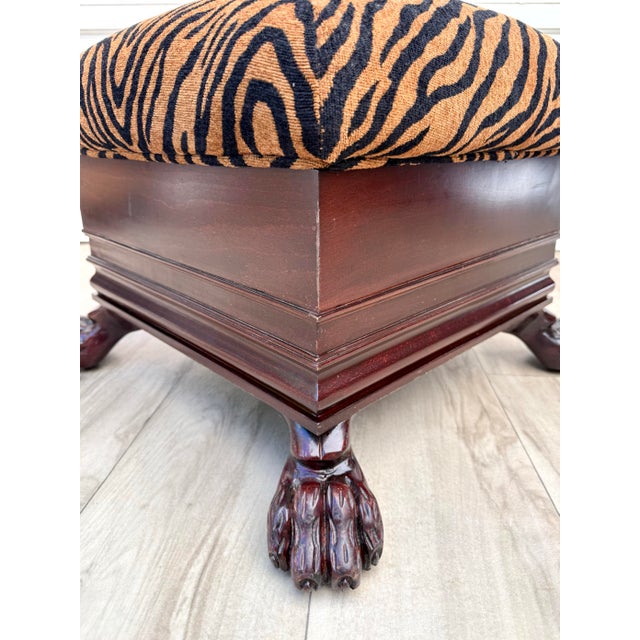 Mid-Century Regency Revival Paw Foot Ottoman in Tiger Upholstery For Sale - Image 9 of 11