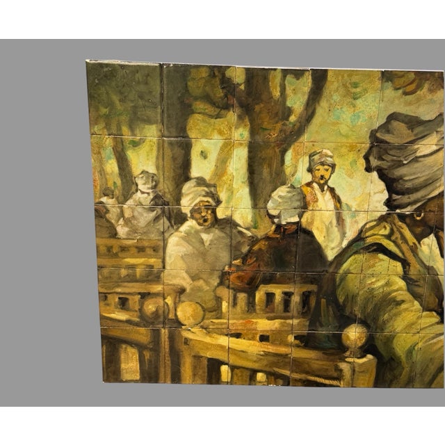 Antique Oriental Figural Panel Hand Painted Architectural Tile Mosaic Wall Plaque 30” X 48” consisting of 40 6" square...