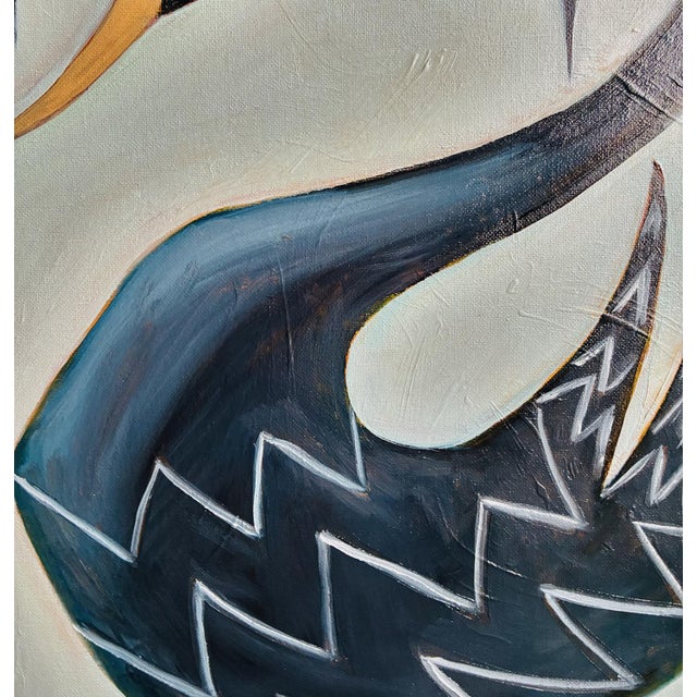 Tatiana Duperault Black Swan Original Oil Painting, Mid-Century Style, Teak Wood Frame For Sale In West Palm - Image 6 of 6