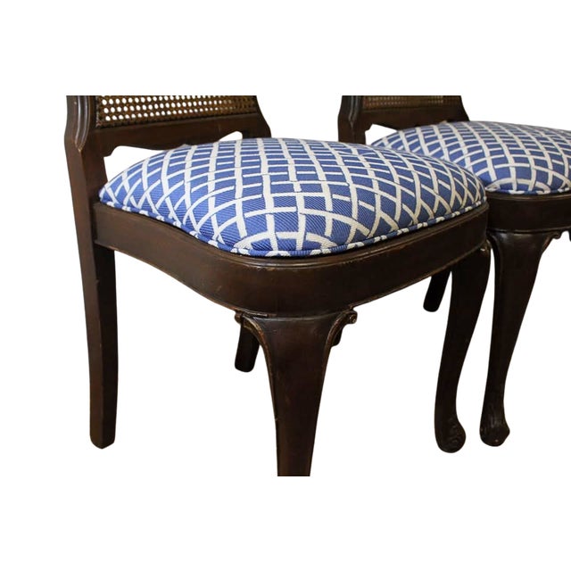 Pair of Vintage French Provincial Cane Back Dining Chairs With Blue Upholstered Seats For Sale - Image 4 of 7
