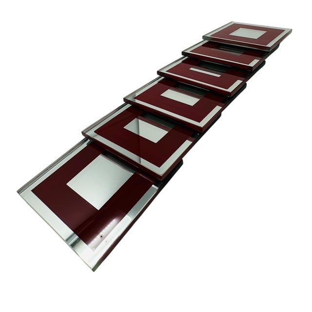 Vintage 1980s Mirrored Glass Coasters - Maroon Border & Polished Edges - Flat Square Barware With Rubber Feet - Set of 6 For Sale - Image 4 of 11