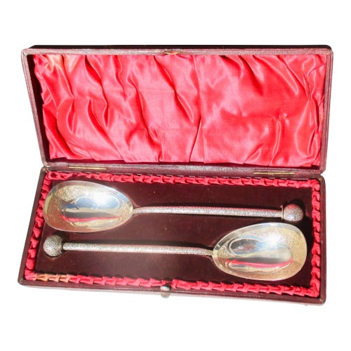 Antique Silver Plate Gift Set of Serving Spoons Circa 1870-A Pair of