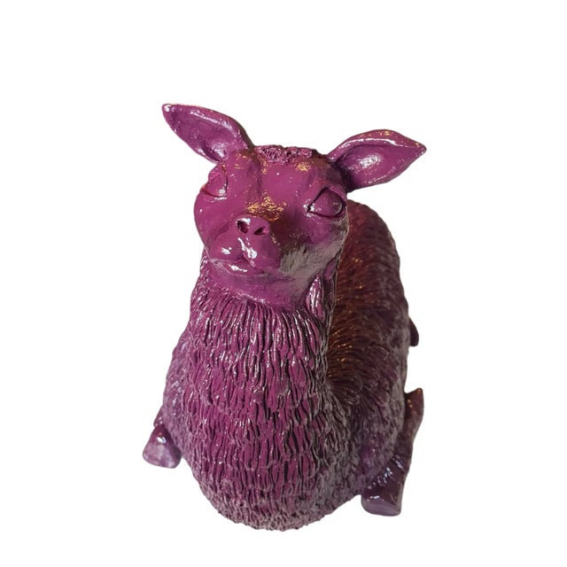 Whimsical 70s ceramic stoneware alpaca. Recently painted aubergine. Signed Kafen.