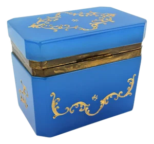 19th Century, Bohemian Barfatan or French Blue Opaline & Gilt Enameled Glass Box