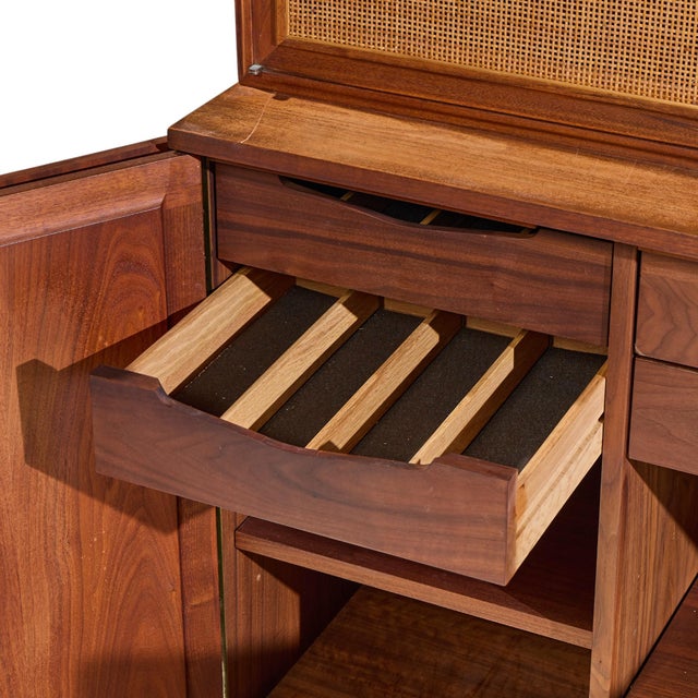 Mid 20th Century Jack Cartwright for Founders Mid Century Walnut and Cane Credenza and Hutch For Sale - Image 10 of 15